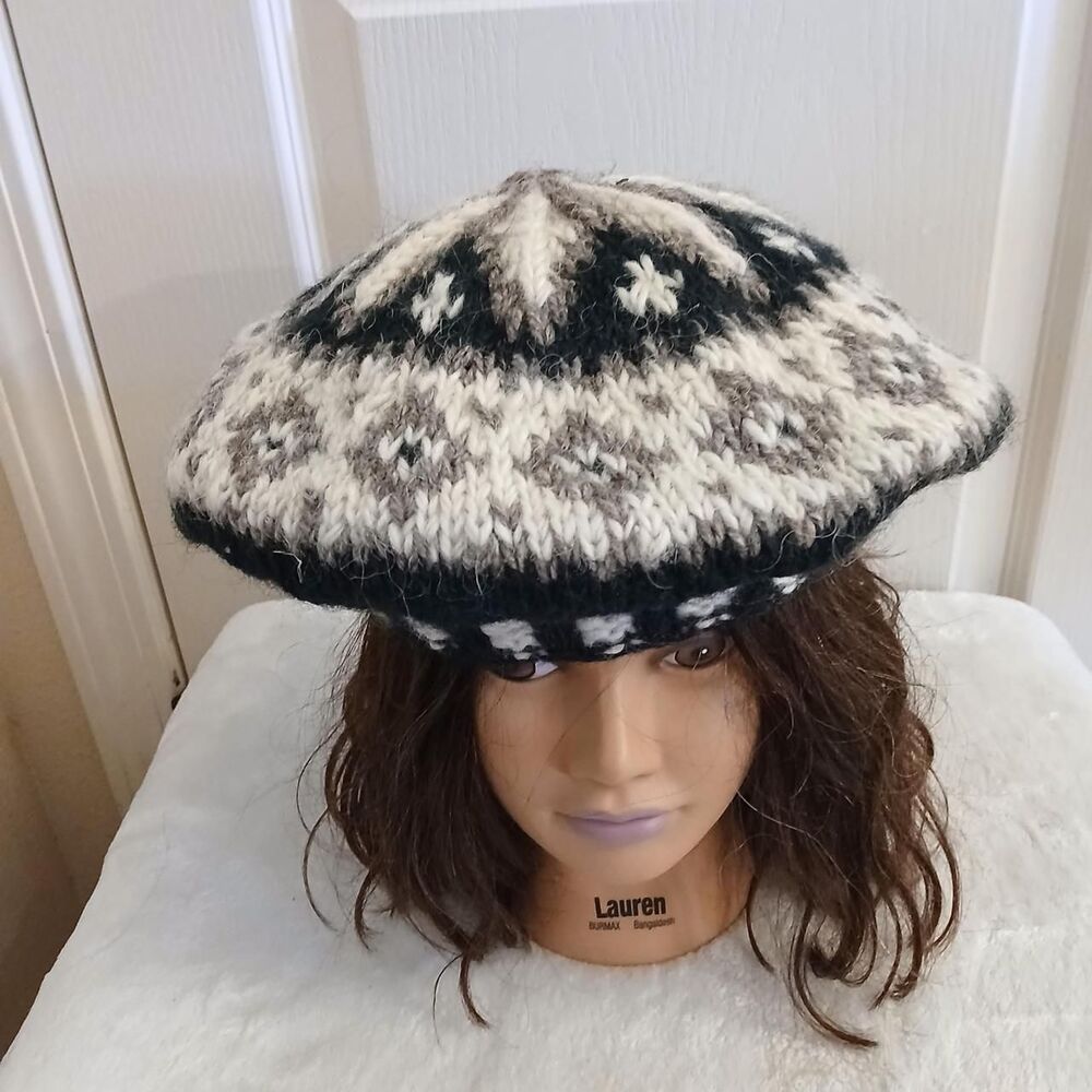 Ganesh Himal Hand Knitted 100% Wool Geometric Knit Beret Black & White Fair Isle